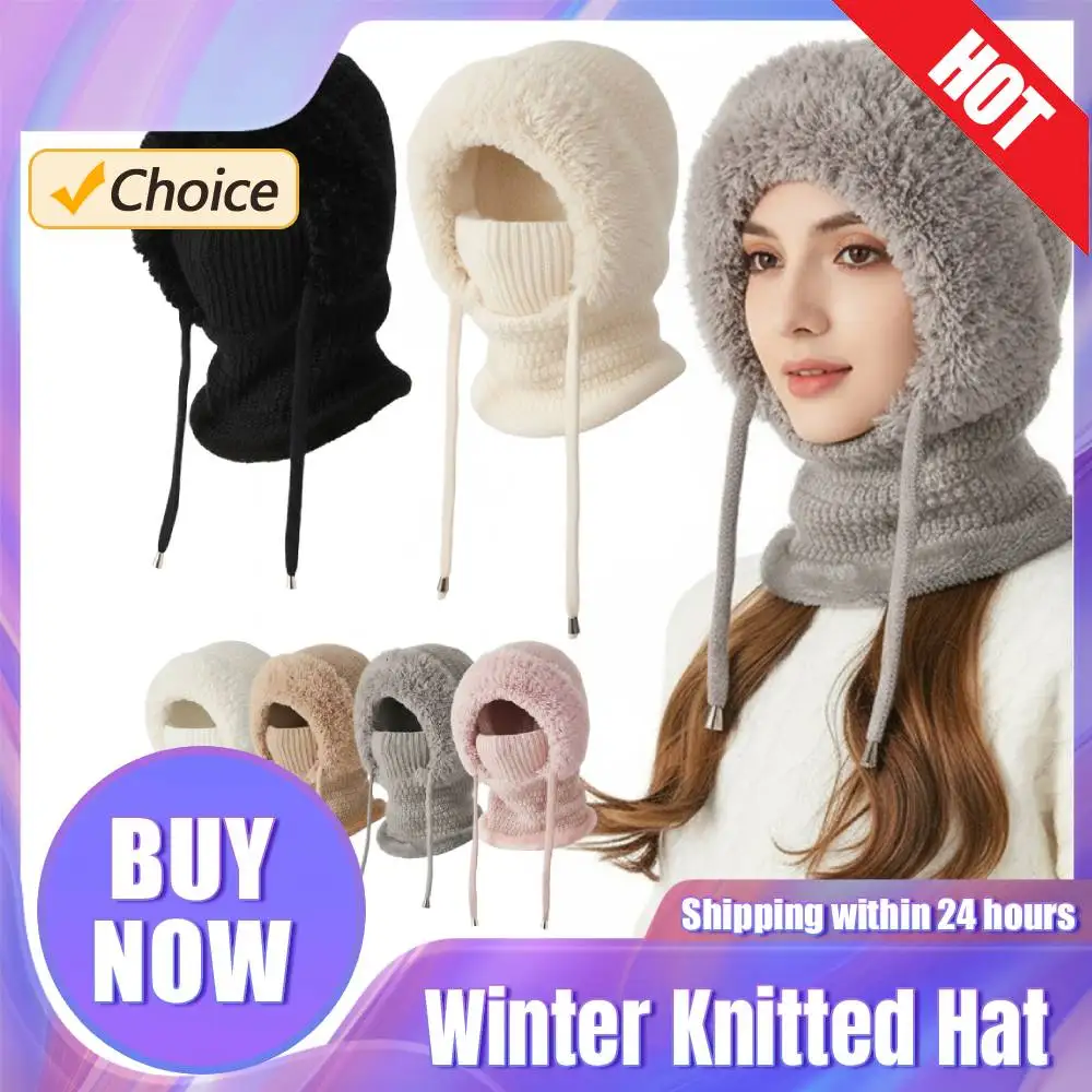 

Women Fleece Lined Knit Hat Set Winter Warm Knitted Hat 3 in 1 Hooded One Piece Snow Cap W/Scarf & Mask for Cold Weather Protect
