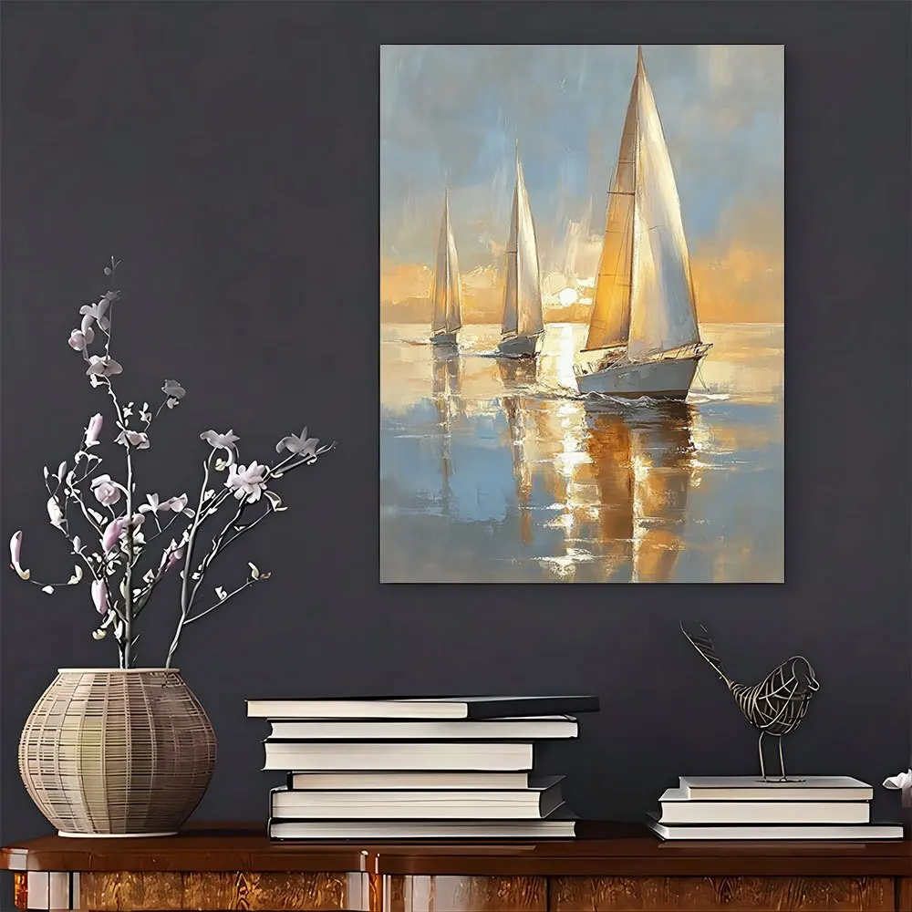 Charmant voilier en mer, art sur toile douce KI, encadré en bois, adapté à la décoration intérieure et aux cadeaux