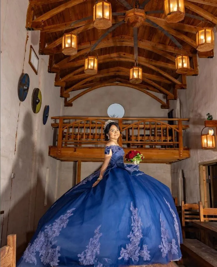 Azul Royal Princesa Quinceanera vestido de ombro, Espartilho com saia inchado, Vestidos de apliques, 15 anos, 2024 l