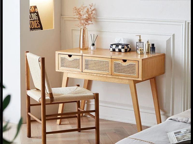 Nordic vine dresser with mirror drawer multifunctional bedroom wabi sandy wind rope braided makeup chair dresser combination