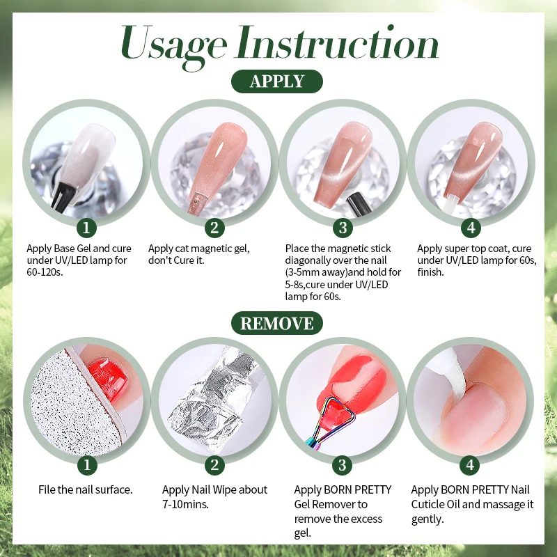 BORN PRETTY 10 ml grüne Farbe Katze magnetischer Gel-Nagellack Ultra Shine Semi Permanent Soak Off UV Gel Maniküre Nail Art Lack – Detail 7