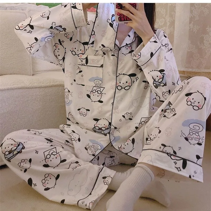 Sky Blue Cinnamoroll Pajamas Women Spring Autumn New Cute Cartoon Home Clothes Two-piece Set Sleepwear Women Kawaii Clothes