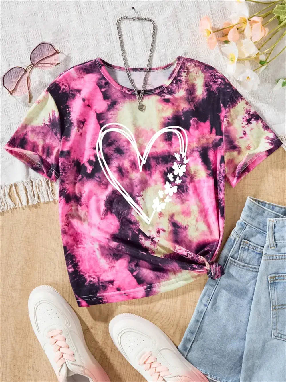 Camiseta infantil de manga curta estampada em 3D, tops casuais das meninas, roupas infantis, moda verão