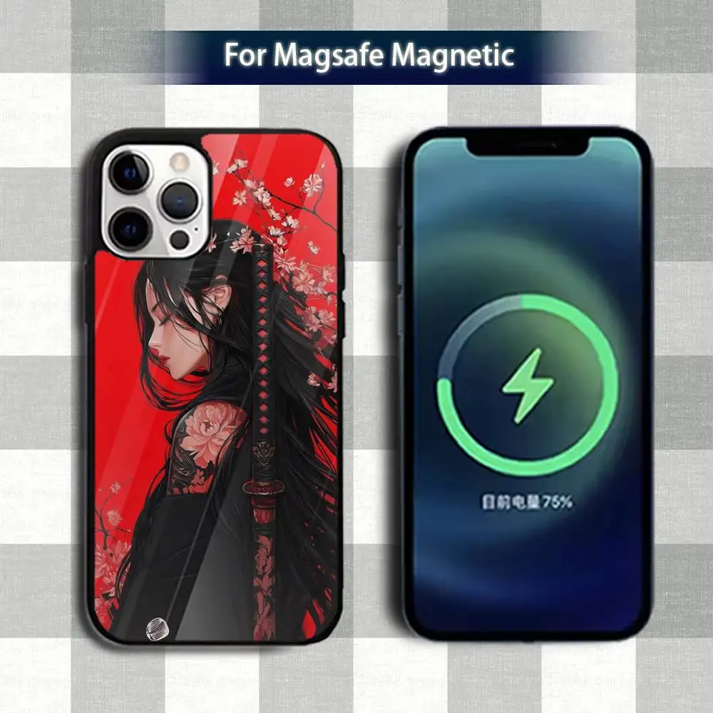 Etui na telefon z motywem sztuki samurajskiej J-Japan Geisha dla iPhone 13, 12, 15, 17, 11, 16, 14, Pro, Max, Plus, Mini, z obsługą Magsafe, magnetyczne etui do ładowania bezprzewodowego.