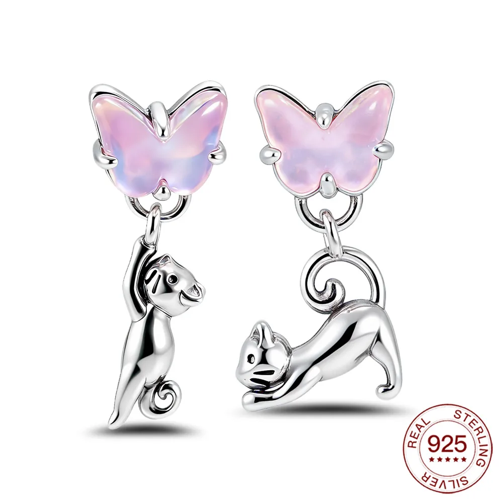 925 Sterling Silver Cat & Butterfly Asymmetric Earrings Pink Opal Butterfly Design Pet Lover Earrings For Women Jewelry Gifts
