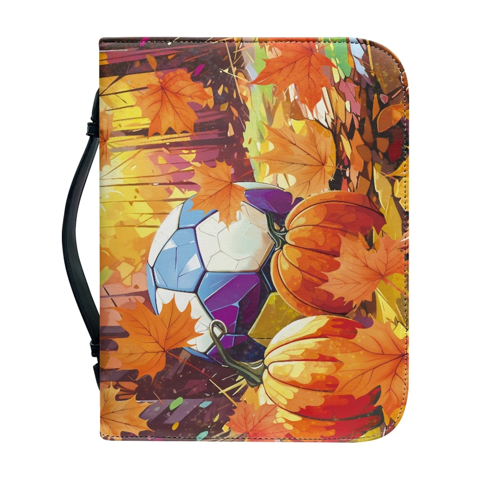 XIXIRIMID Autumn Soccer Pumpkin Print 2026 Collection Durable Handle Church Bible Bag for Christian Prayer PU Leather Bible Case