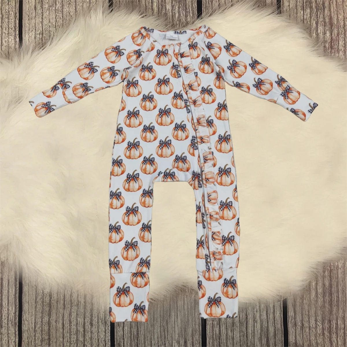 

Baby Toddler Thanksgiving Fall Jumpsuit Girl Children Pumpkins Plaid Bows Romper Newborn Coverall Kids Zipper Bodysuit Wholesale