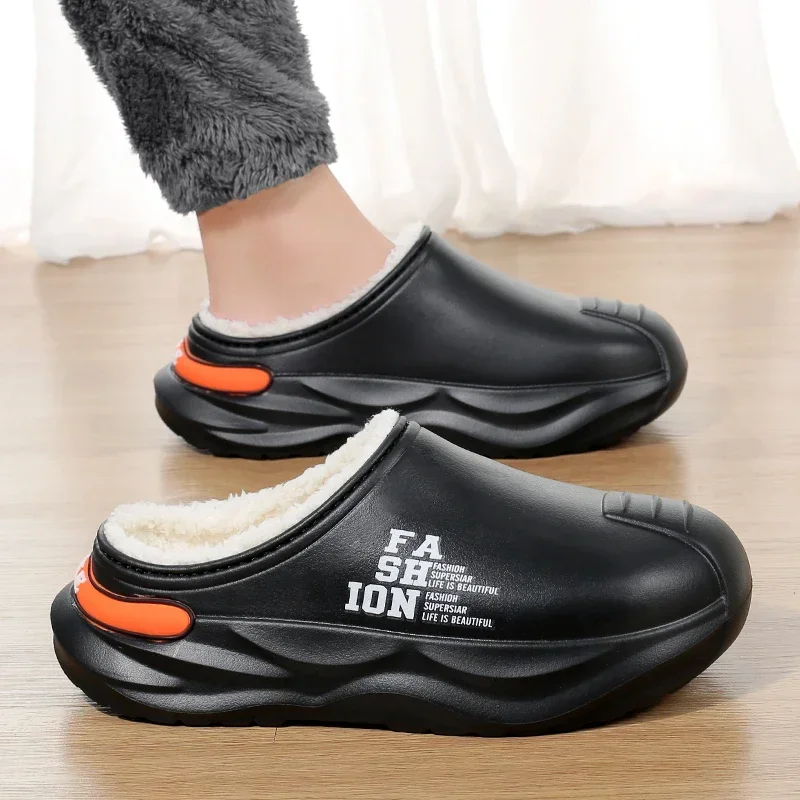 Sepatu Pria Sepatu Hangat Musim Dingin Lapisan Bulu Sandal Kapas Dalam Ruangan Pasangan Platform Sepatu Dapur Luar Ruangan Sandal Rumah Tahan Air