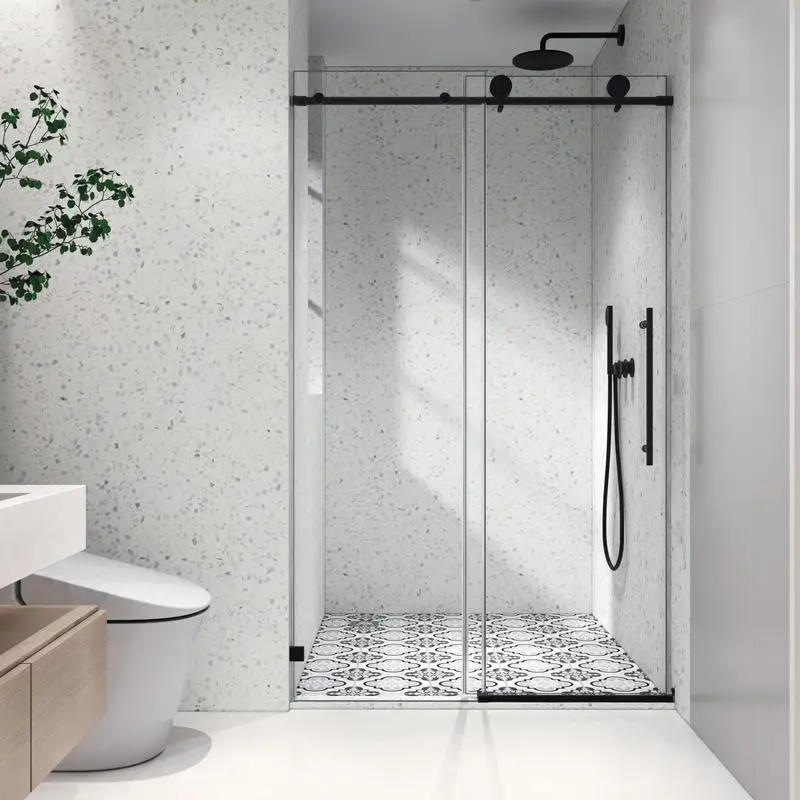 

Frameless Matte Black Shower Door with One Fixed and One Sliding Panel, Adjustable Soft Closing 70MM 304 SUS Pulleys, Nano Easy