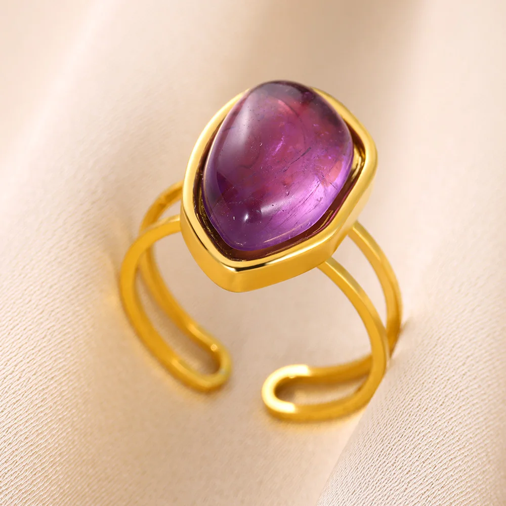 Trend Gold Color Opal Double Finge Rings For Women Stainless Steel Adjustable Opening Ring Natural Stone Cute Aesthetic Jewelry