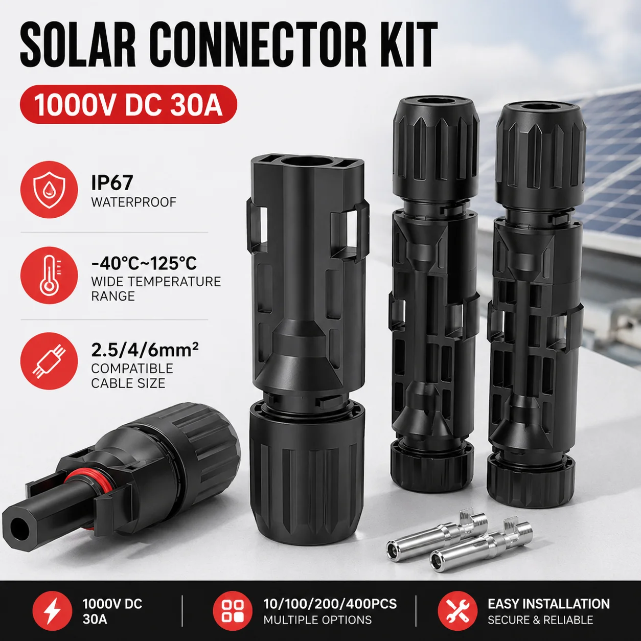 400/200/100/10 Pcs  Solar PV Connector Kit 1000V DC 30A Plug Connector for 2.5 4 6mm² Photovoltaic MC Cable Wiring Joint