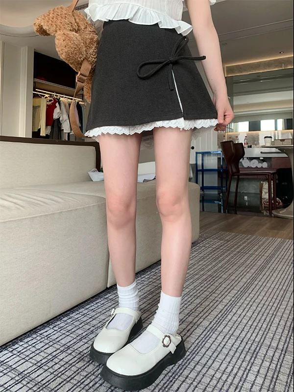 

OKJJ ey Asymmetrical High Waist A-Line Skirt Women's Lace Splicing Slimming ort Skirts Spring Summer Faion