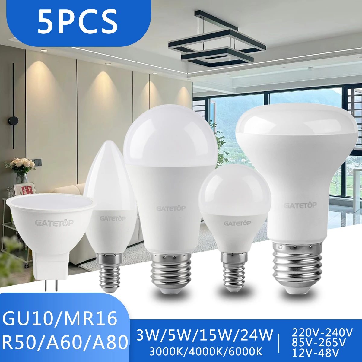 Bombilla LED de ahorro de energía, foco sin parpadeo, blanco frío y cálido, 5 piezas, AC220-240V, 3W, 5W, 7W, 9W, 18W, 24W, GU10, MR16, GX53