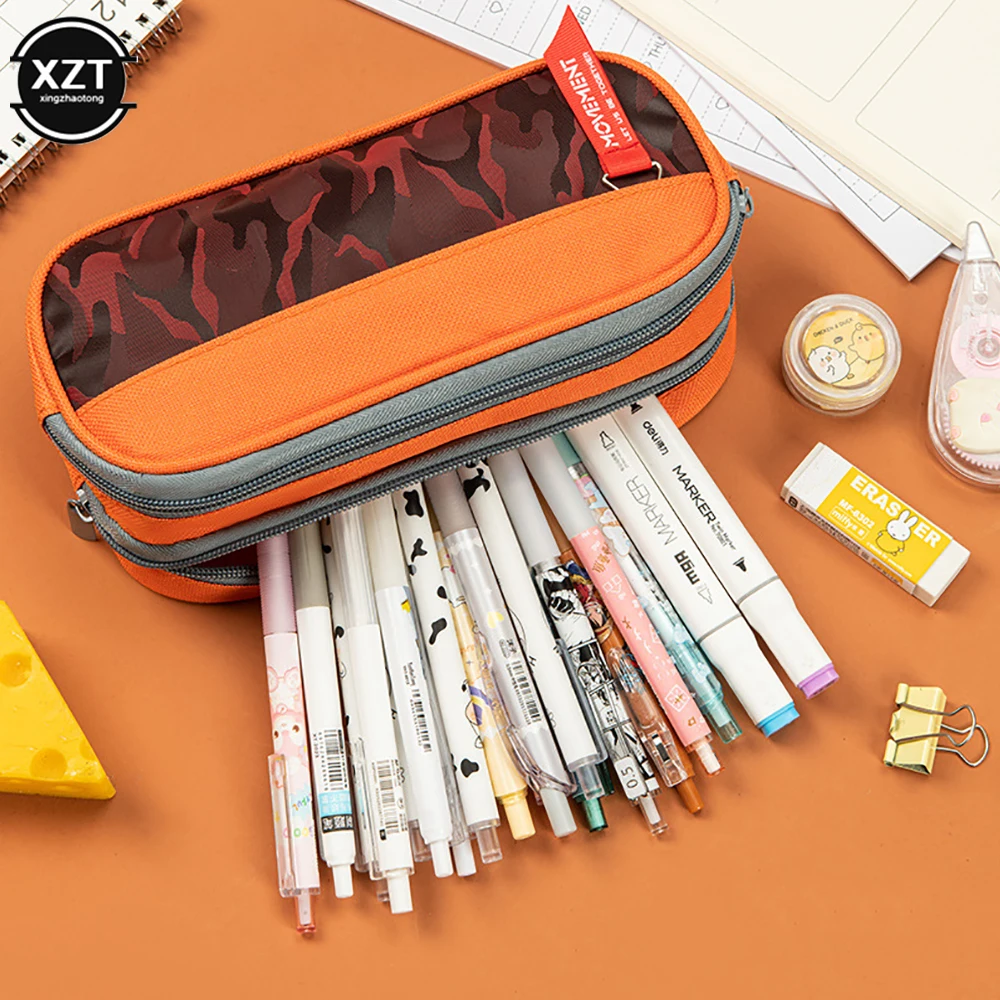 Double zipper camouflage canvas pencil case Boys pencil bag School stationery bag Student pen case School supplies storage bags