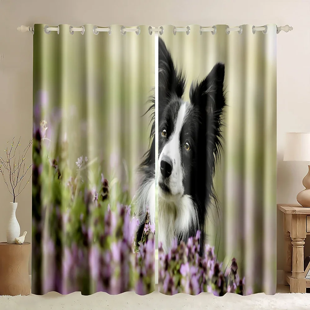 Shepherds Dogs Blackout Curtains for Bedroom,Border Collie And Purple Flower,3D Dog Print Cute Animal Theme Window Curtains