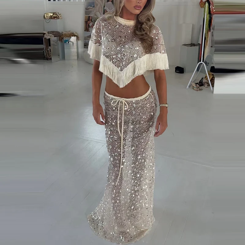 Shining Sequin Slim Summer Outfit Tassel Splicing Women Holiday Party Suits O Neck Short Sleeved Top + Long Skirt Two Piece Set image 3