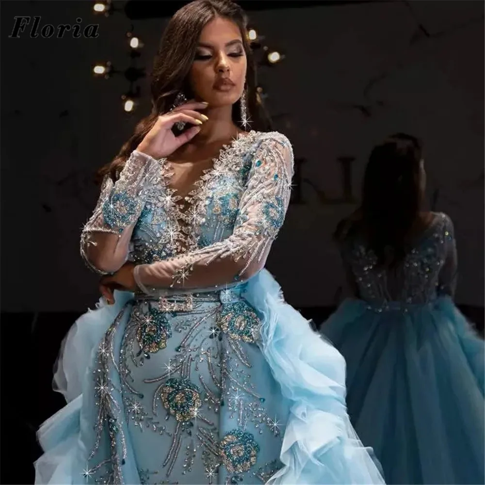 Floria Arabic African Blue Beaded Evening Dresses Vestidos Two Pieces Rhinestone Red Carpet Pageant Dress Party Gowns For Prom