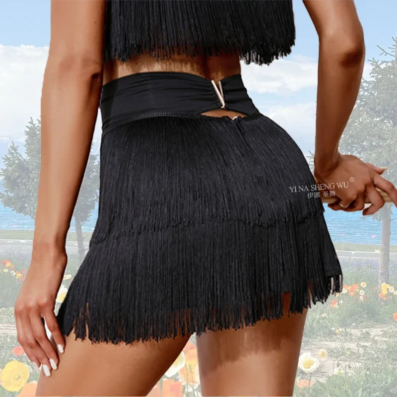 Nowe spódniczki do tańca latynoamerykańskiego dla dorosłych kobiet, modna dwuwarstwowa krótka spódniczka z frędzlami, kostium do ćwiczeń tańca towarzyskiego, rumby, tanga, cha-chy.