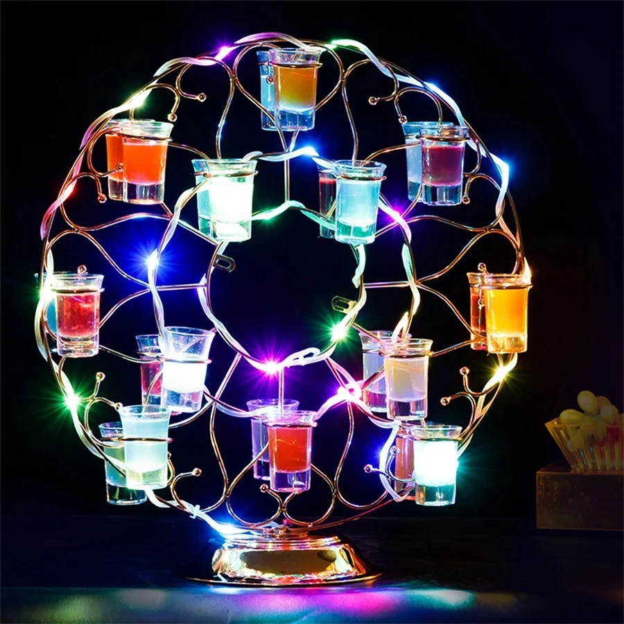 

Rechargeable Metal 24 Holes LED Glass Display Stand Round Wine Rack cocktail cup holder Shot Glass service Tray bar supplies