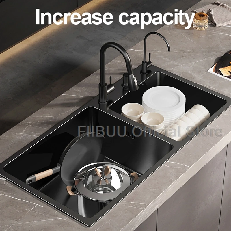 Black Stainless Steel Kitchen Sink Large Capacity Double Sink Thickened Handmade Workstation With Faucet And Telescopic Basket