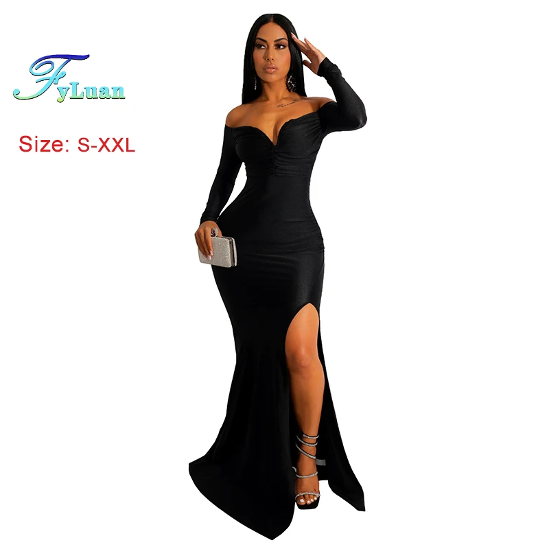 高品質レッドレディースロングドレスラップバスト長袖オフショルダーレディースフィッシュテールドレスセクシーウェディングパーティー誕生日ガウン