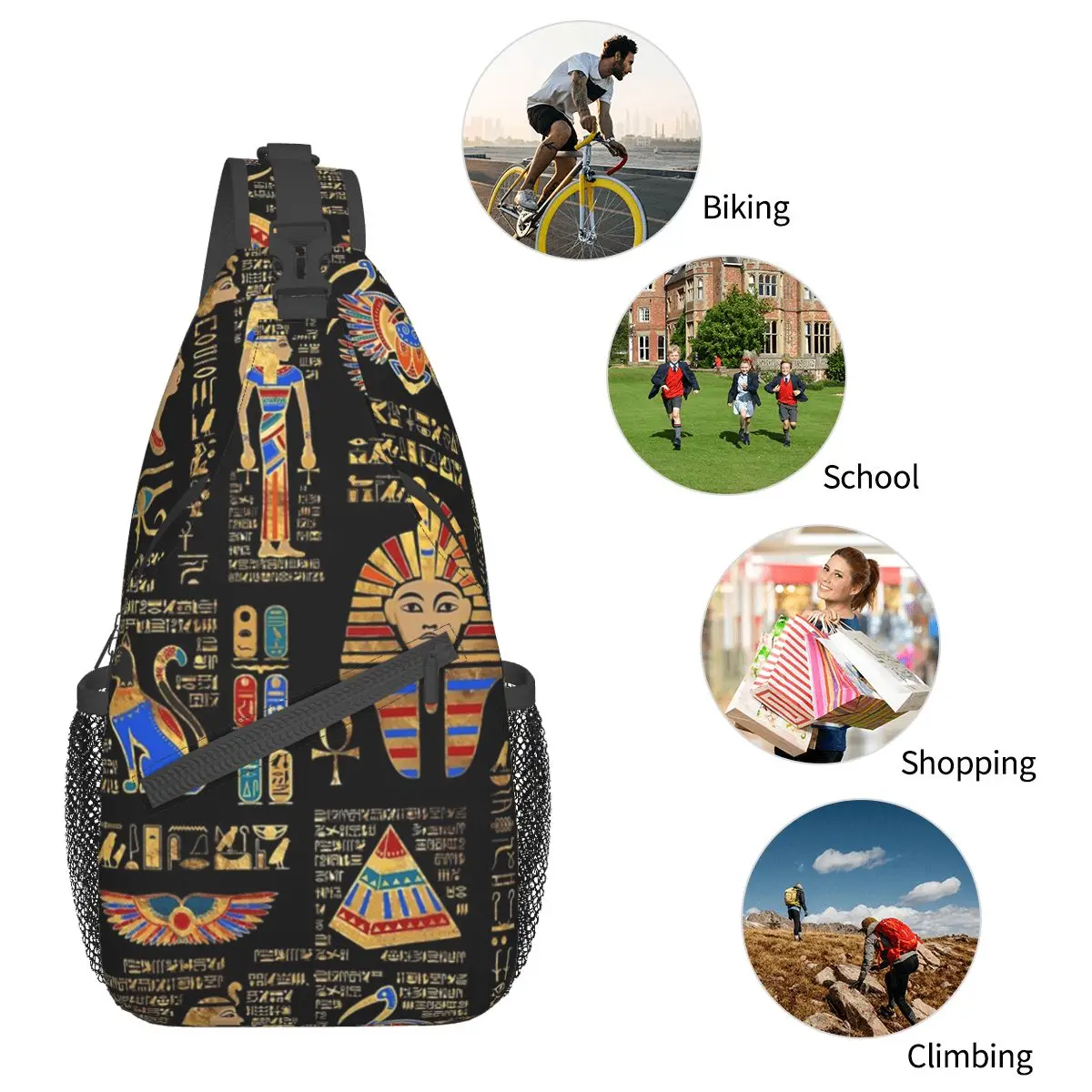 Egyptische Hiërogliefen Goden Sling Bag Borst Crossbody Schouder Rugzak Wandelen Reizen Daypacks Egypte Patroon Tas