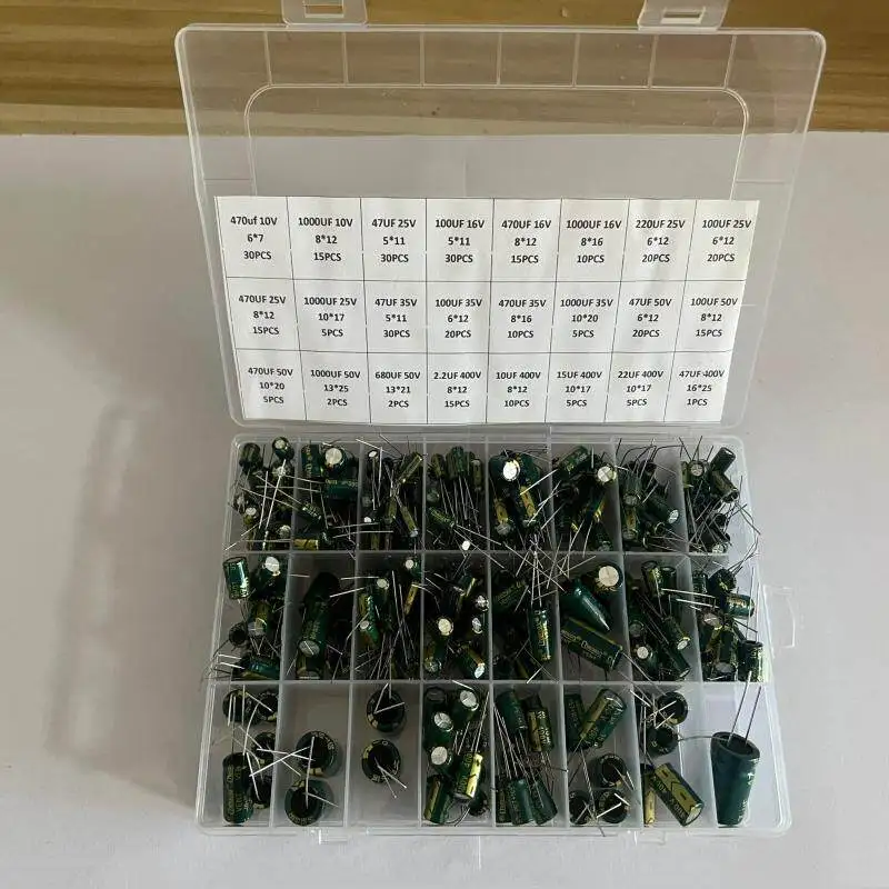 335PCS 24 kinds of aluminum electrolytic capacitors 10uF~1000uF mixed package is inserted into high frequency capacitor 400V.