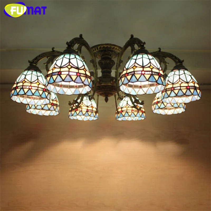 

FUMAT Tiffany style stained glass Mediterranean retro overhead light for bedroom living room dining room ceiling lamp LED decor