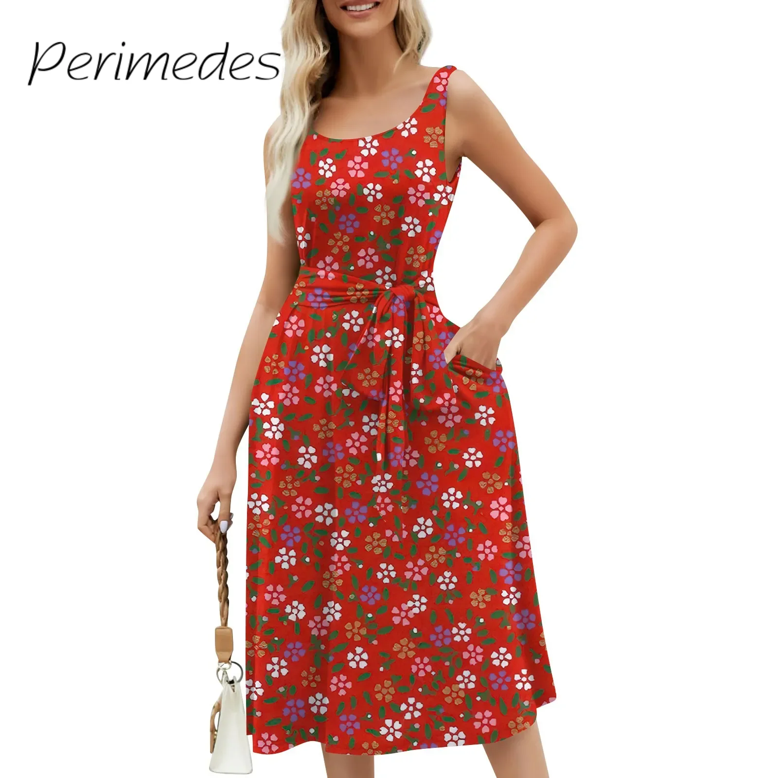 

Ladies Summer New Beach Style Dress Loose Round Neck Sleeveless Mid-Length A-Line Dress Floral Printed Lace-Up Pocket Vest Dress
