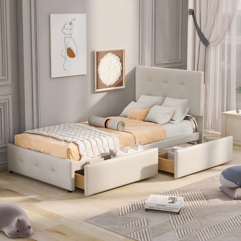 Cama acolchada WoodenAura de 90x200 cm con somier de láminas, respaldo y dos cajones, tela de terciopelo suave.
