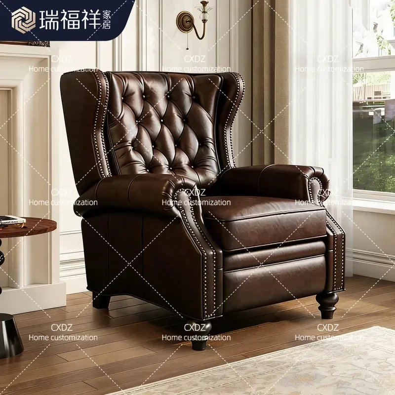 American Style Leather Tiger Chair Living Room Single Sofa High Backrest Functional Recliner Leisure Armchair Villa Furniture
