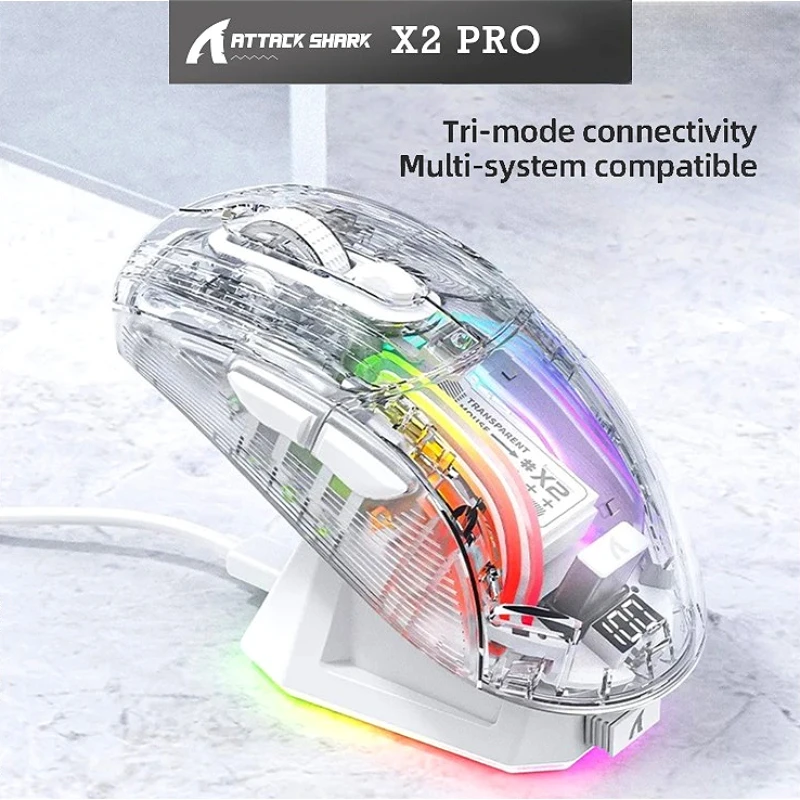 Attack Shark X2 Pro 2.4G Tri-Mode Wireless Gaming Mouse Bluetooth Digital Power Display Magnetic Charging Dock Silent Click RGB