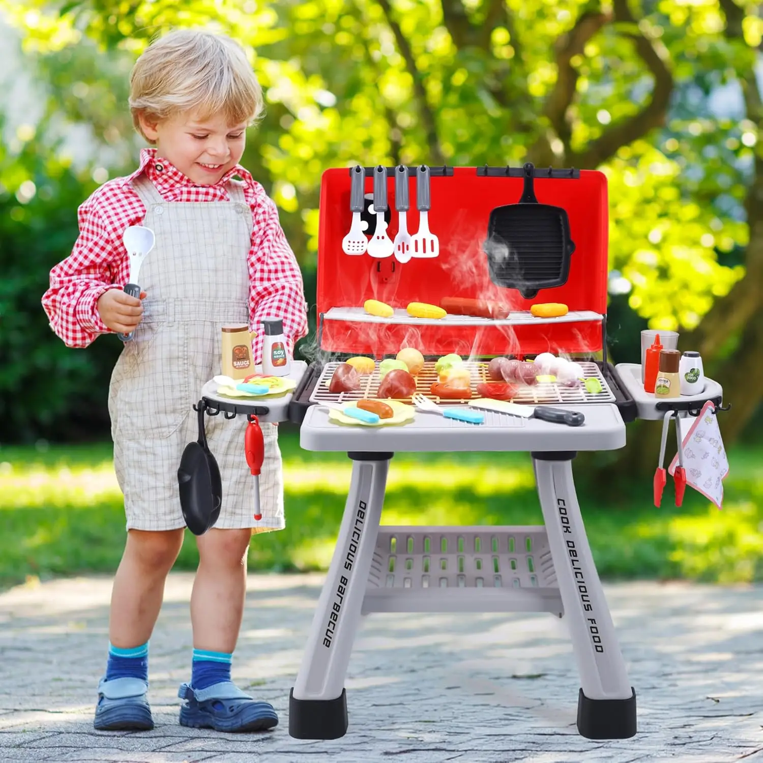 LEUKE STONE BBQ-grillspeelgoed voor kinderen, keukenspeelset, realistische rook-BBQ-grillspeelset met speelgoedkeukenaccessoires.