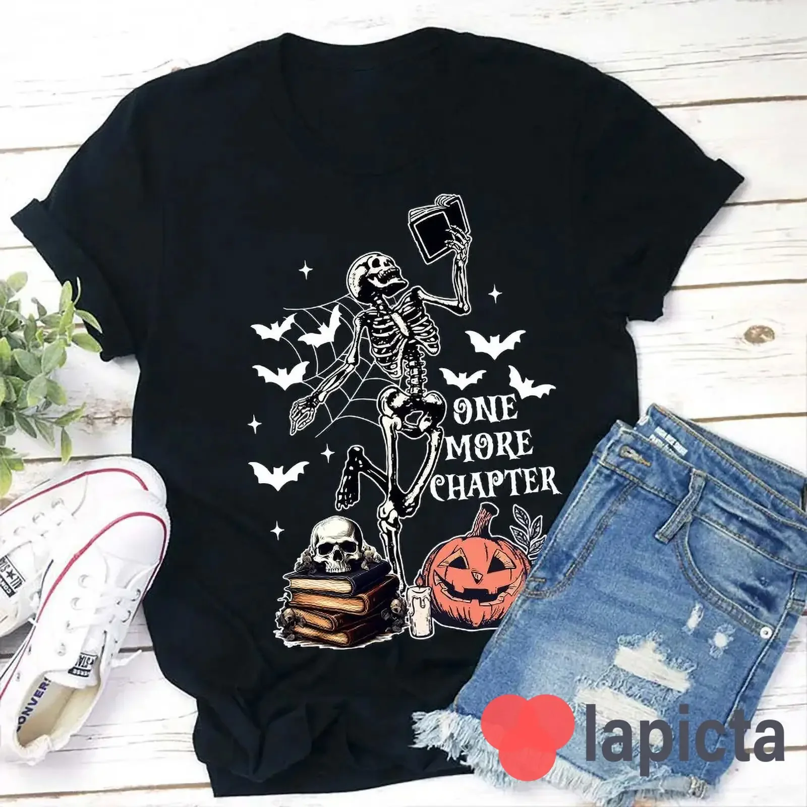One More Chapter Teacher T Shirt Skeleton Pumpkin Funny Halloween For vintage Washed Top For Everyday Wear Slightly Versatile