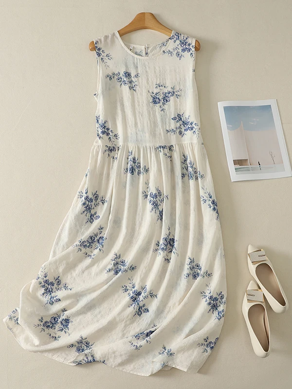 Elegant Long Floral Print Sleeveless Dress Women's plus Size Design Slimming Belted Casual Summer High Waist Straight Cut Gown