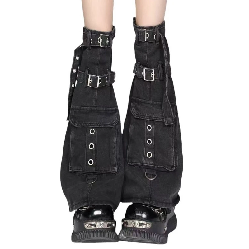 Womens Punk Denims Flared Leg Warmers Eyelets Buckled Strap Pocketed Cargo Boot Cover Over Knee Stockings Streetwear