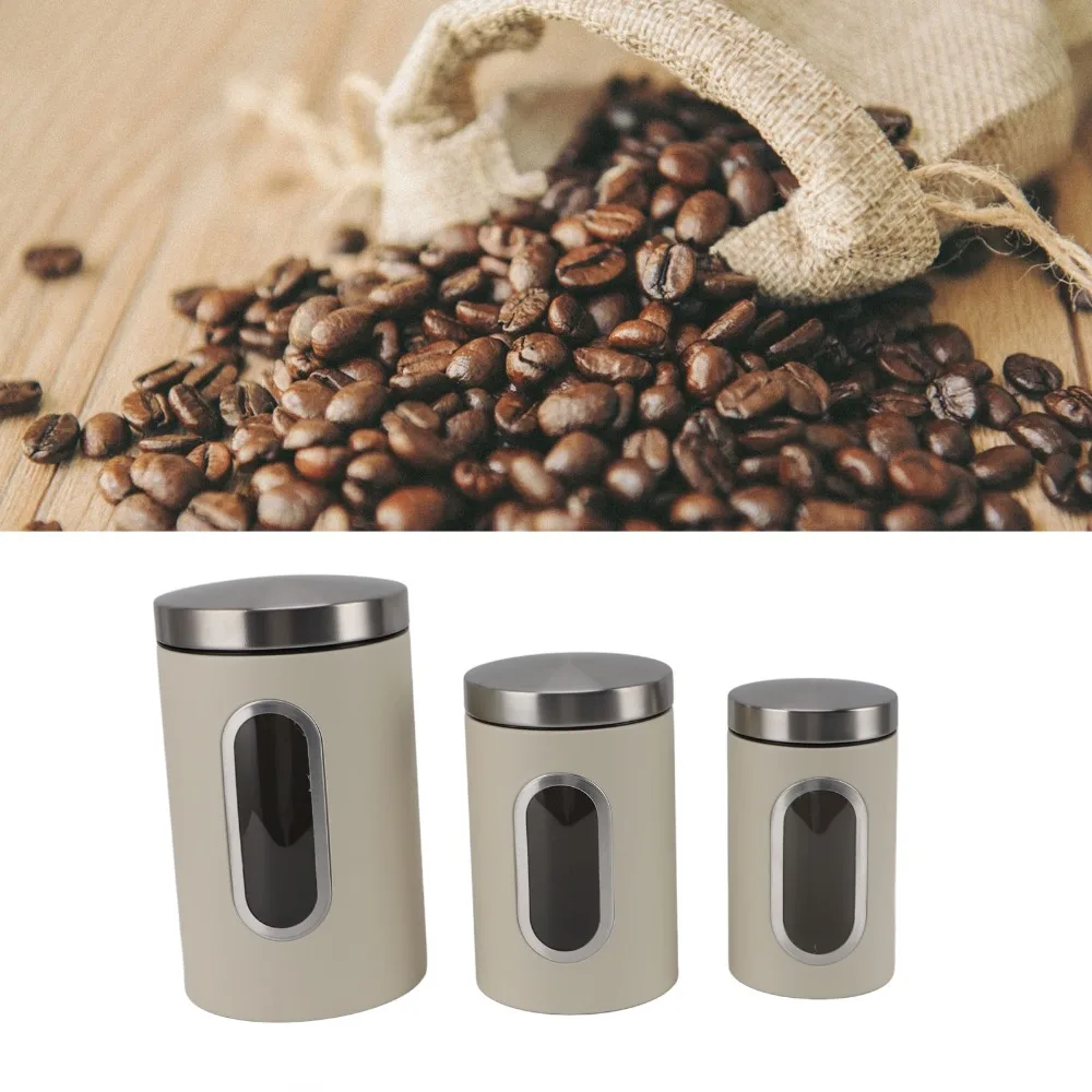 3PCS Durable Iron Kitchen Canisters Set s/m/l Beige/Black Coffee Canister Set Tea Organizer Canister Bar Storage