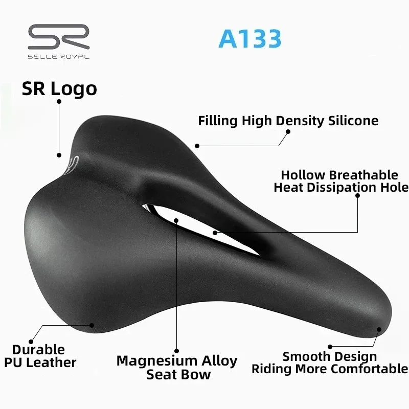 Selle Royal A133 PU Leather Road Bike Saddle Breathable Unisex MTB Seat Cushion Ultralight Rail Soft Bicycle Hollow Saddle