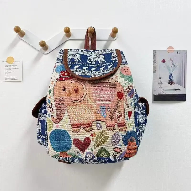 

Fashion Ethnic Style Embroidery Knapsack Casual Canvas Animal Drawstring Backbag Jacquard Elephant Owl Bucket Back Bag Beach