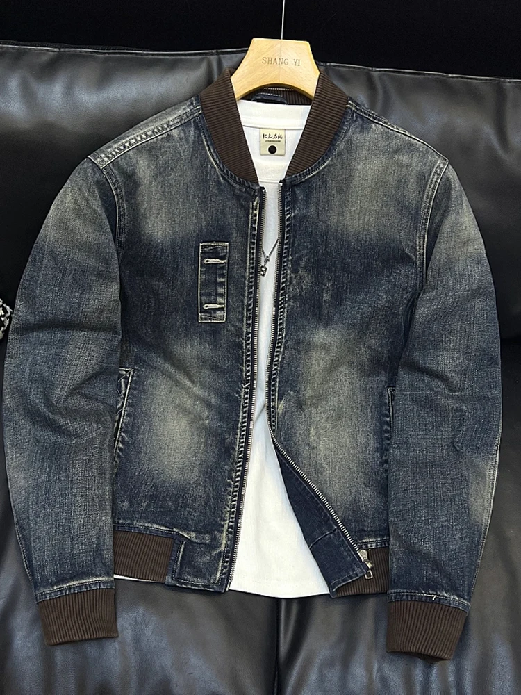 Retro Washed Denim Jacket Men's Baseball Collar Heavyweight Loose Outerwear Trendy Men's 2025 New Style Casual Wear