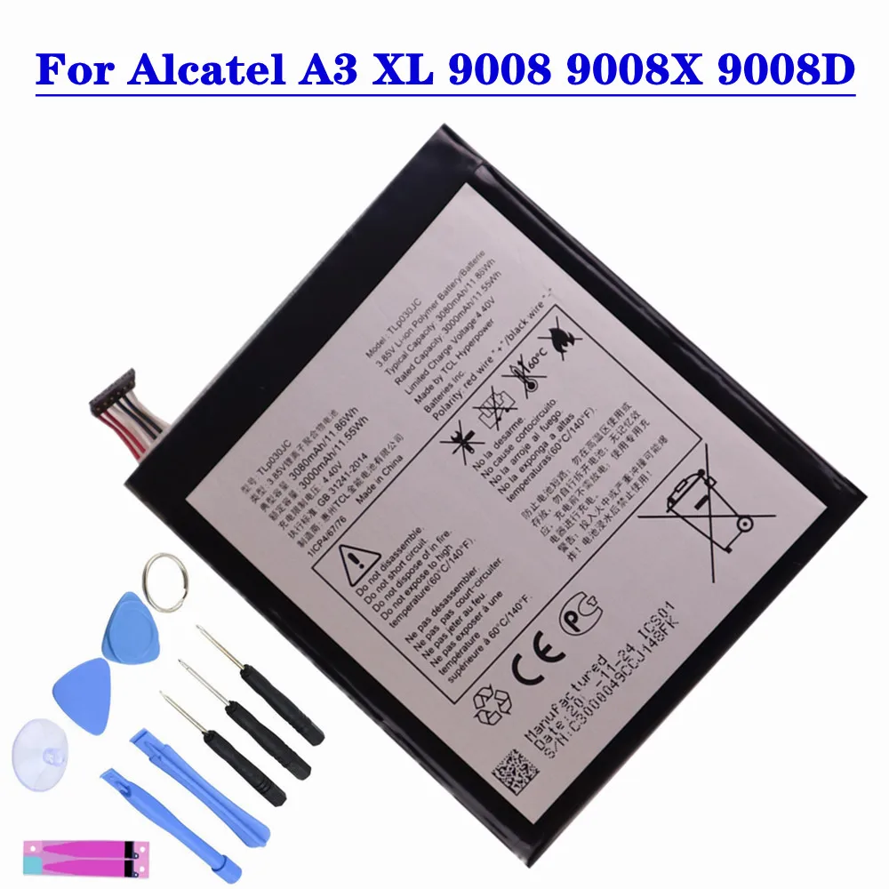 3000mAh TLP030JC Battery For Alcatel One Touch A3 XL 9008 9008X 9008D Phone Replacement Battery + Tools