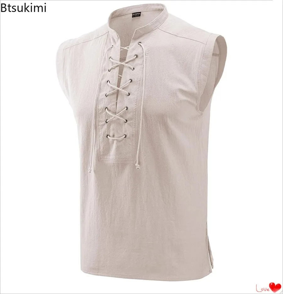 

New Men's Sleeveless Tank Tops Medieval Clothing Sleeveless Tie Stand C Ollar Shirt Vest Gothic Fashion Playeras Para Hombres