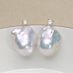 100% Natural Fresh Water Pearl 925 Sterling Silver Big Baroque Pearl Earrings 15-25mm Simple Classic Zircon Princess style  EE