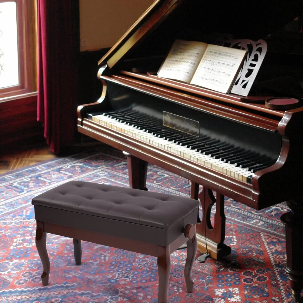 収納付きデュエットピアノベンチ、頑丈な木製ダブルキーボードピアノベンチシート、PUレザークッション付き、ブラウン