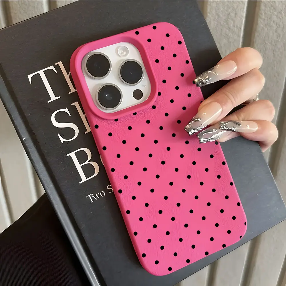 Funda de Teléfono Vintage con Diseño de Lunares Negros y Textura de Lichi para iPhone 15 16 17 Pro Max 11 12 13 Pro 15 14 Plus 17 Air X Xs XR