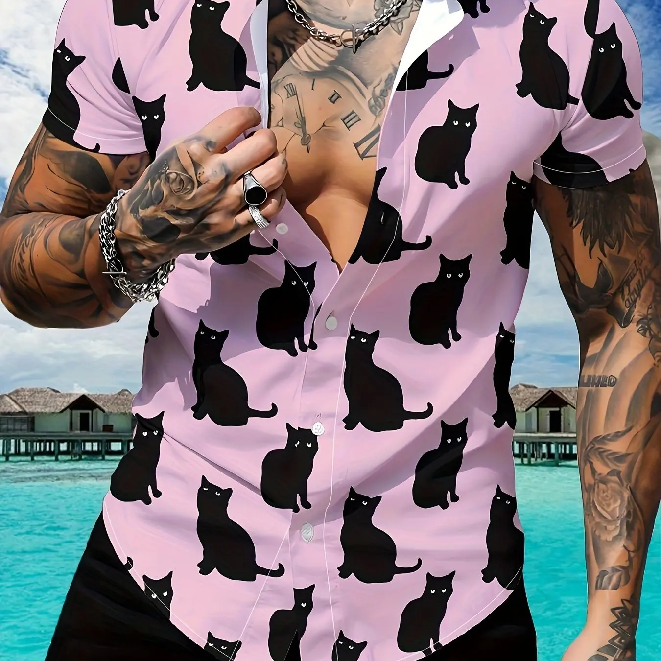 Camisa Casual Masculina Gato Preto Estampada 3D, Top de Botão Frontal Manga Curta, Roupas Masculinas, Roupa Diária, Festa, Bonita