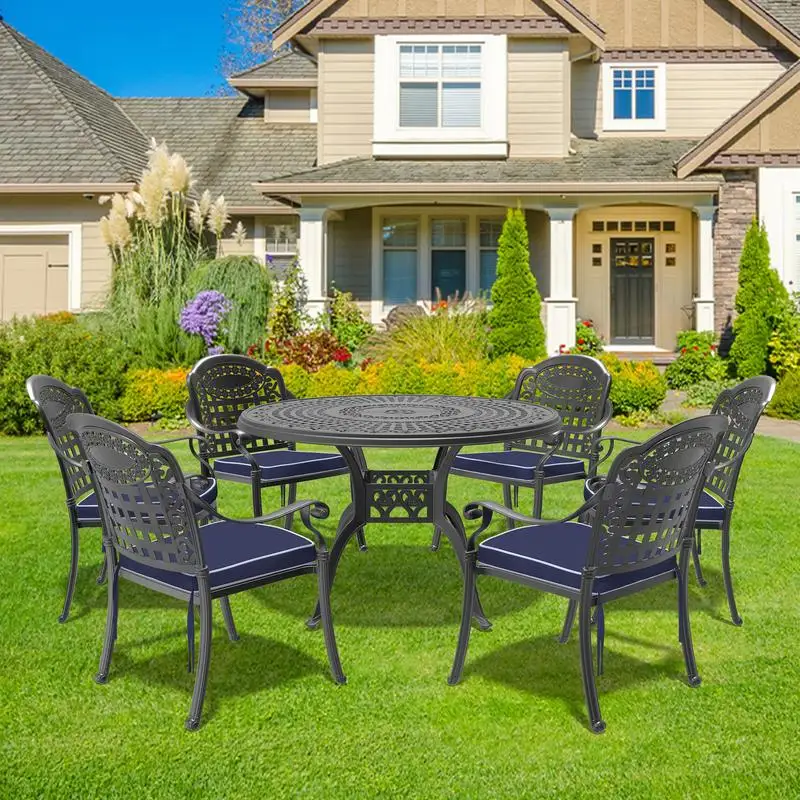 

7-Piece Cast Aluminum Patio Furniture Set with Blue Cushions