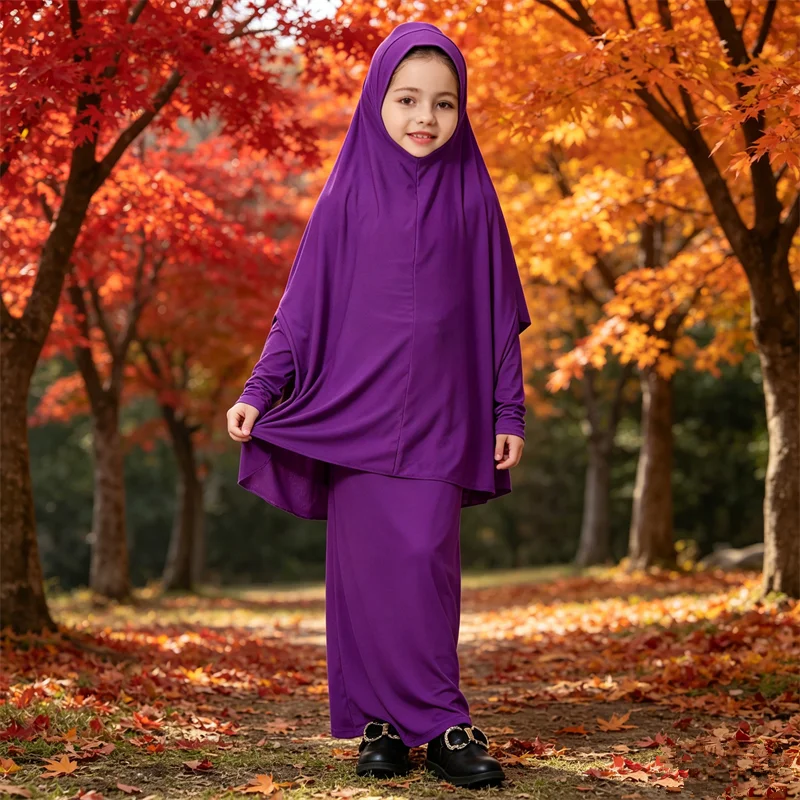 2 Peças Infantil Feminino: Saia Tubo Khimar, Vestuário Muçulmano para Crianças, Roupa Islâmica para Oração, Vestido Hijab, Eid, Ramadã, Burca, Abaya