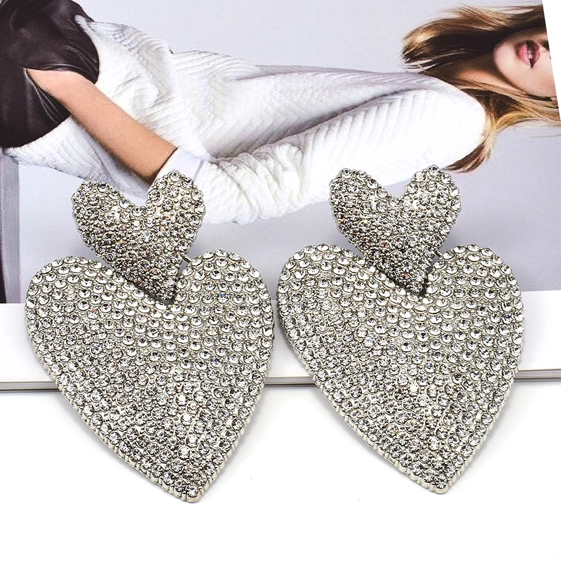 Hot Fashion Love Heart Shape Rhinestone Drop Earrings For Women Vintage Statement Crystal Dangle Earring Jewelry Gift