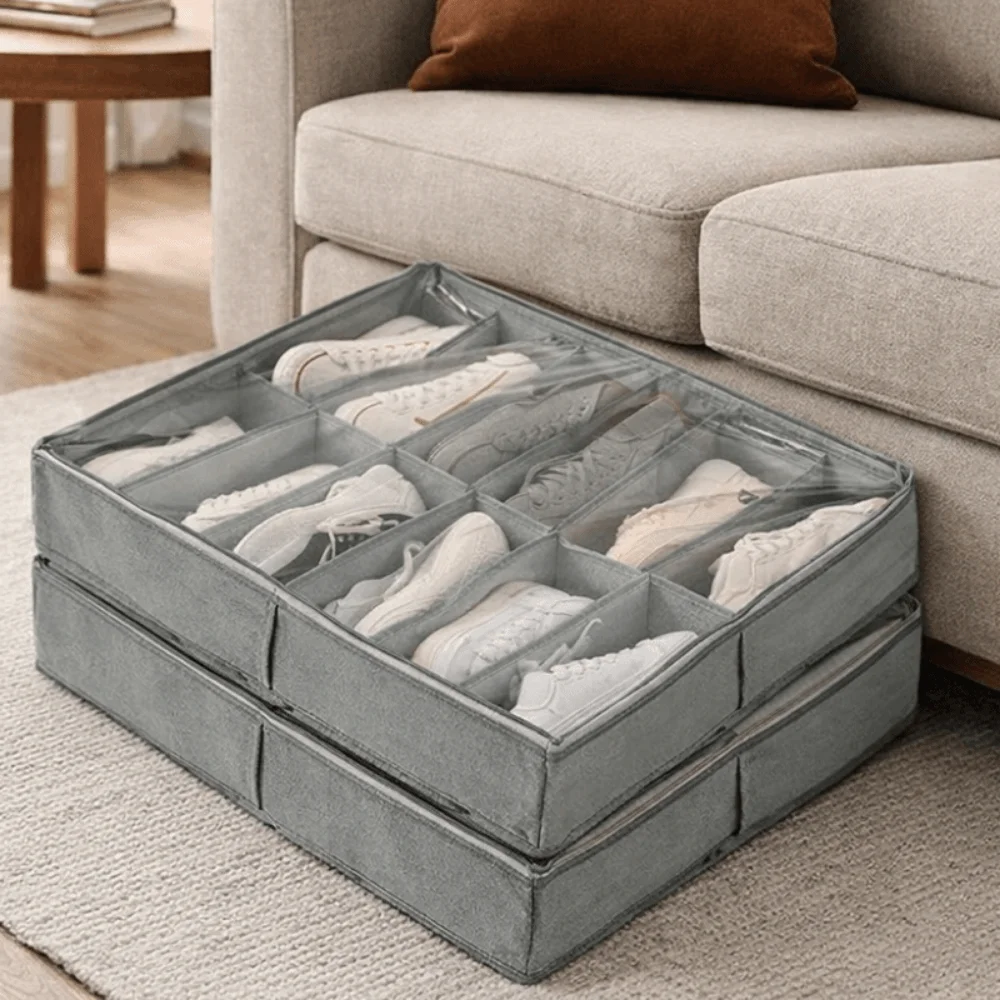 

Non-woven Fabric Under Bed Shoe Storage Box 12 Grids Dust-proof Shoes Storage Bag Folding with Clear Window Shoe Storage Bin